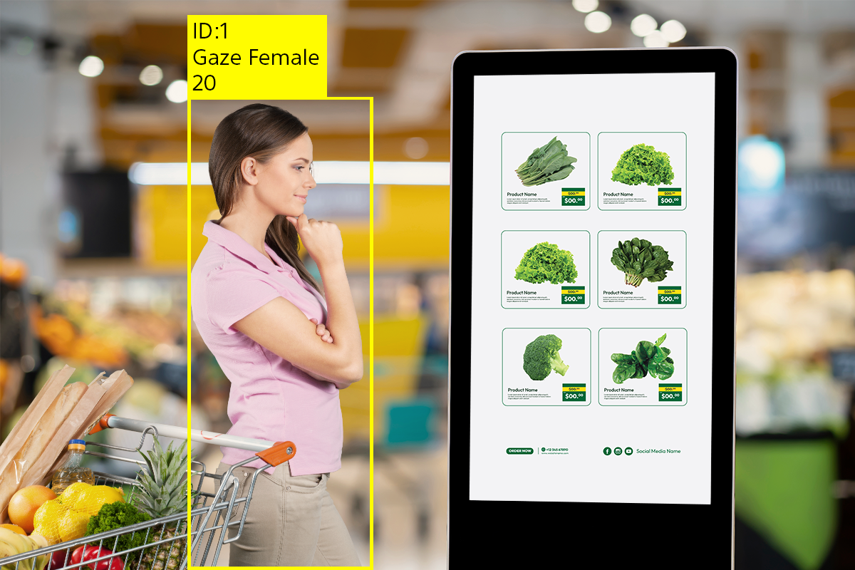 女性が野菜の値段を知るためにサイネージの画面を見ていてAIモデルがその状況を認識しているサンプル画像