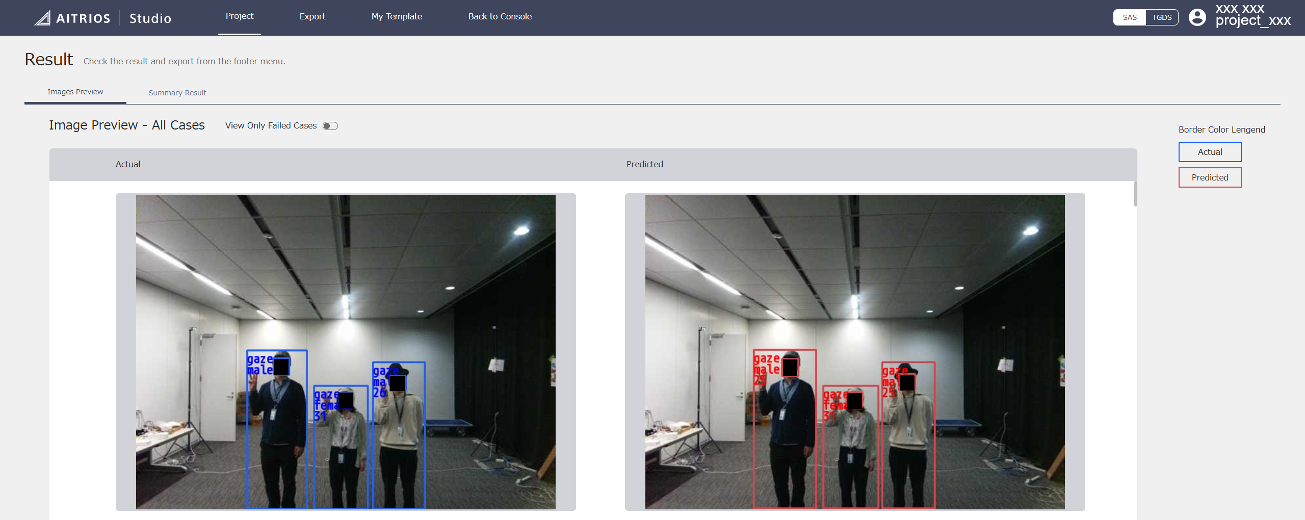 StudioのUI画面で、人物の属性と視線の推定を行った結果を表示
